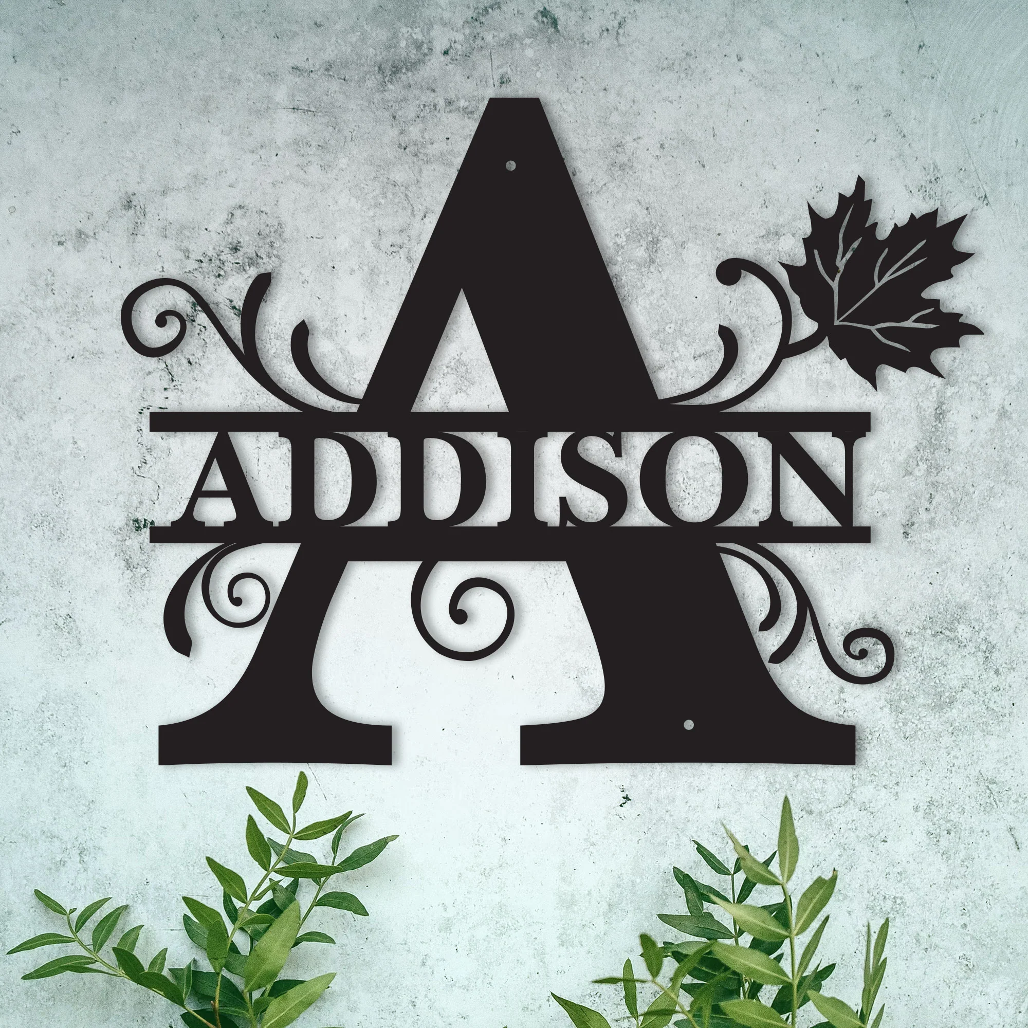 "A" Personalized Split Letter Monogram with Maple Leaf -  Family Name Metal Wall Art
