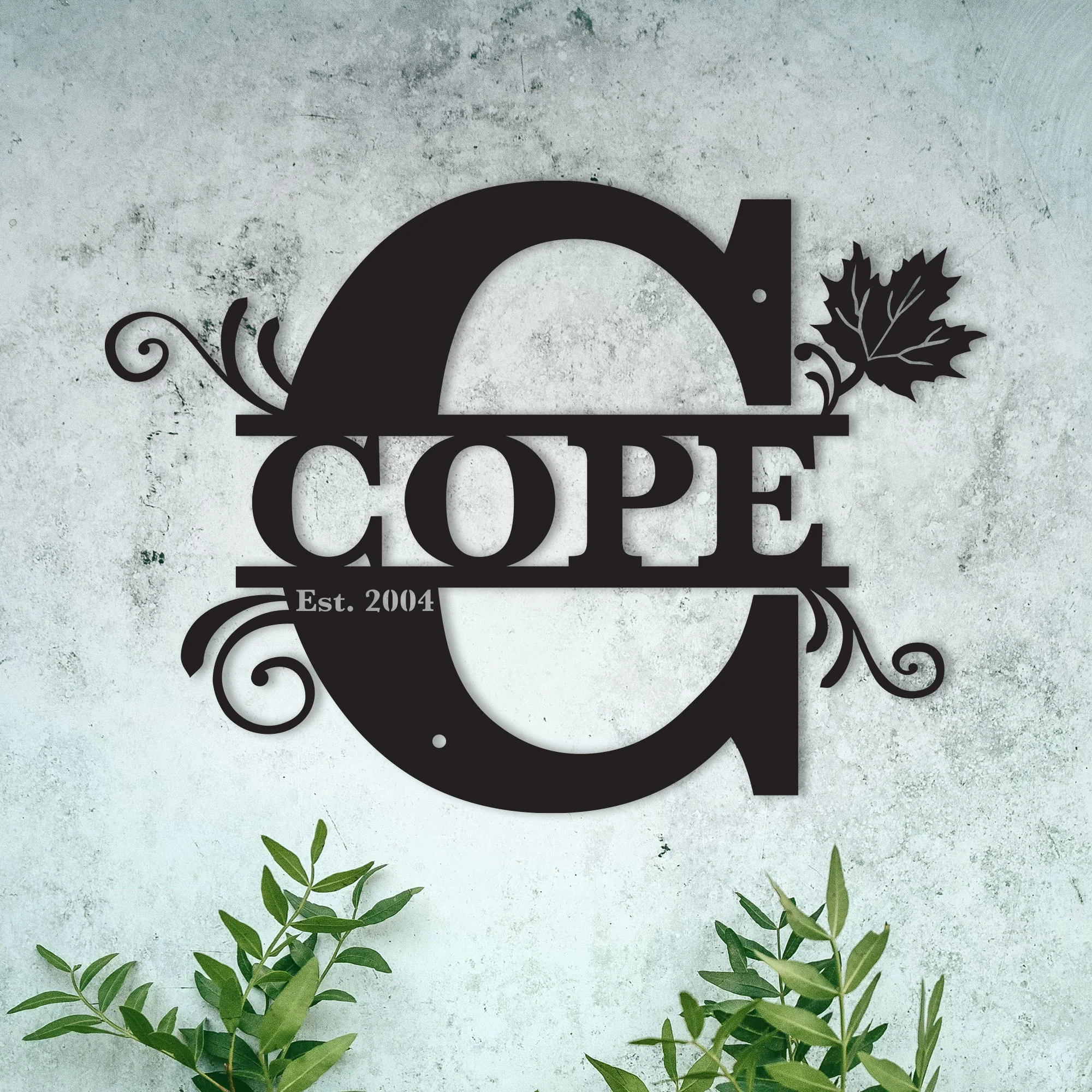 "C" Personalized Split Letter Monogram with Maple Leaf - Family Name Metal Wall Art