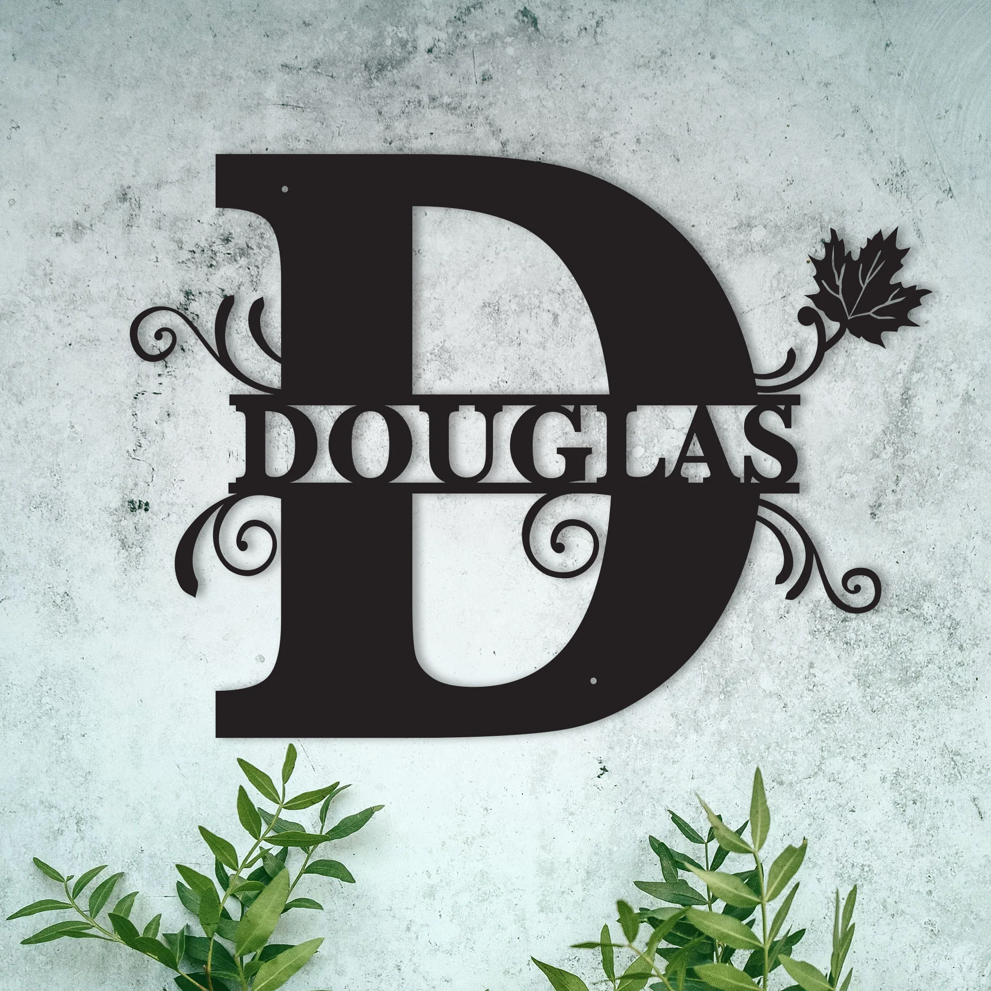 "D" Personalized Split Letter Monogram with Maple Leaf -  Family Name Metal Wall Art