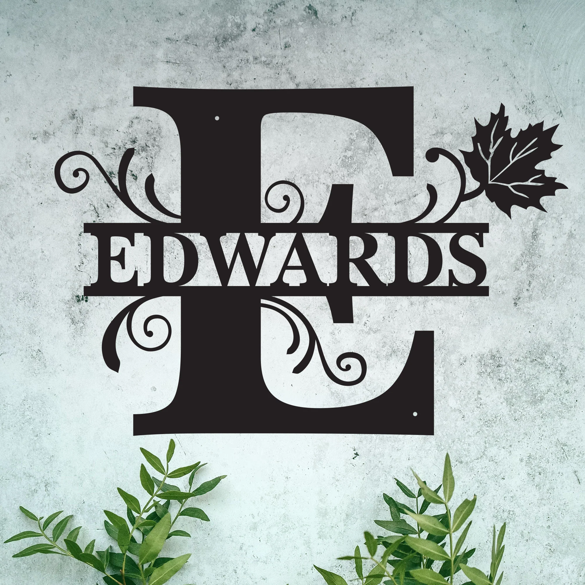 "E" Personalized Split Letter Monogram with Maple Leaf -  Family Name Metal Wall Art