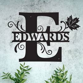 "E" Personalized Split Letter Monogram with Maple Leaf -  Family Name Metal Wall Art - Image 2