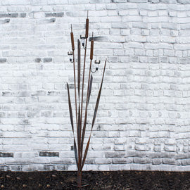 Large Rustic Cattail Bulrush Sculpture with three solar lights Metal Art For Garden Decor - Image 3
