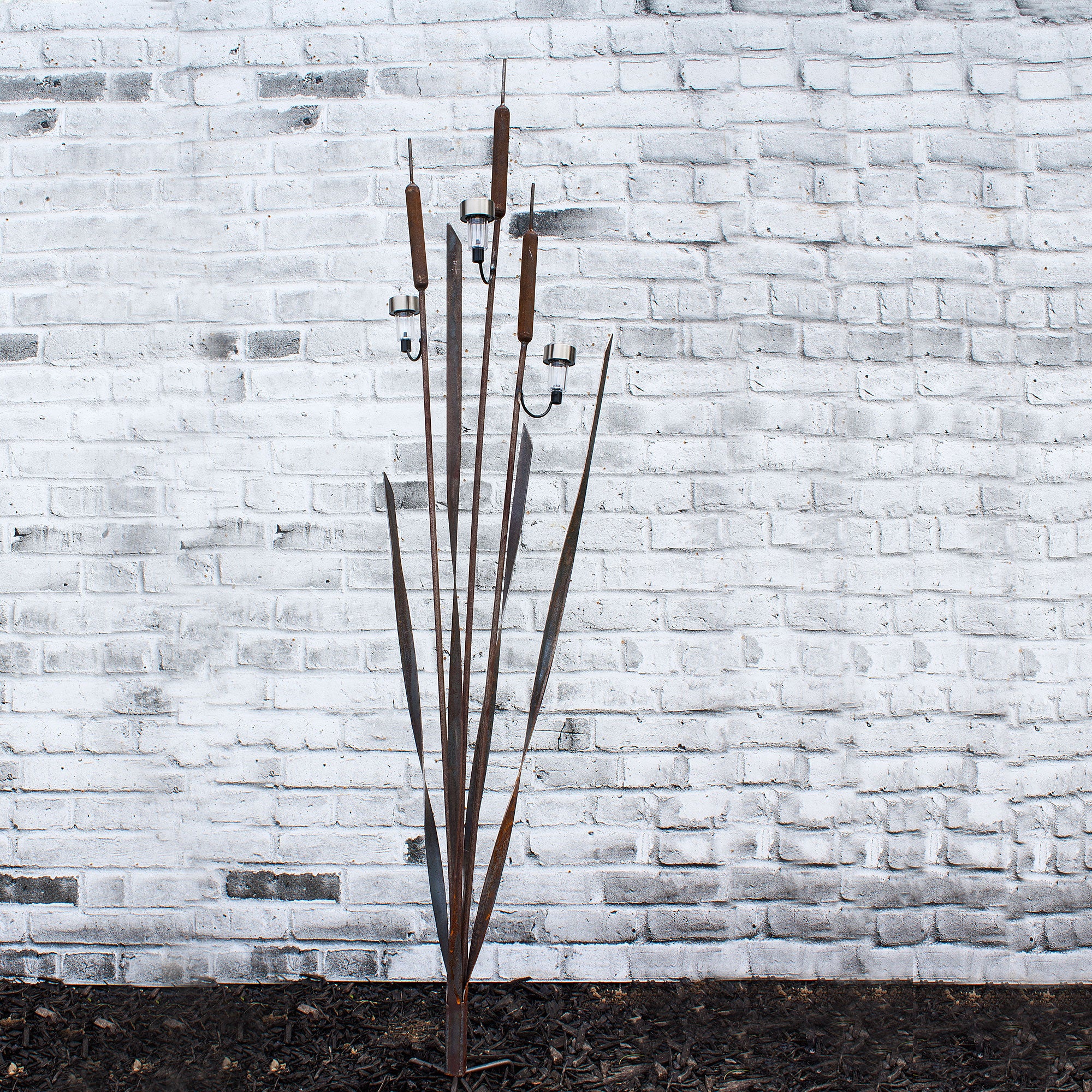 Large Rustic Cattail Bulrush Sculpture with three solar lights Metal Art For Garden Decor - Image 4