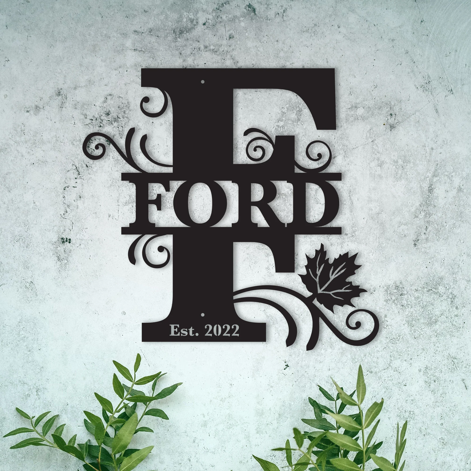 "F" Personalized Split Letter Monogram with Maple Leaf - Family Name Metal Wall Art