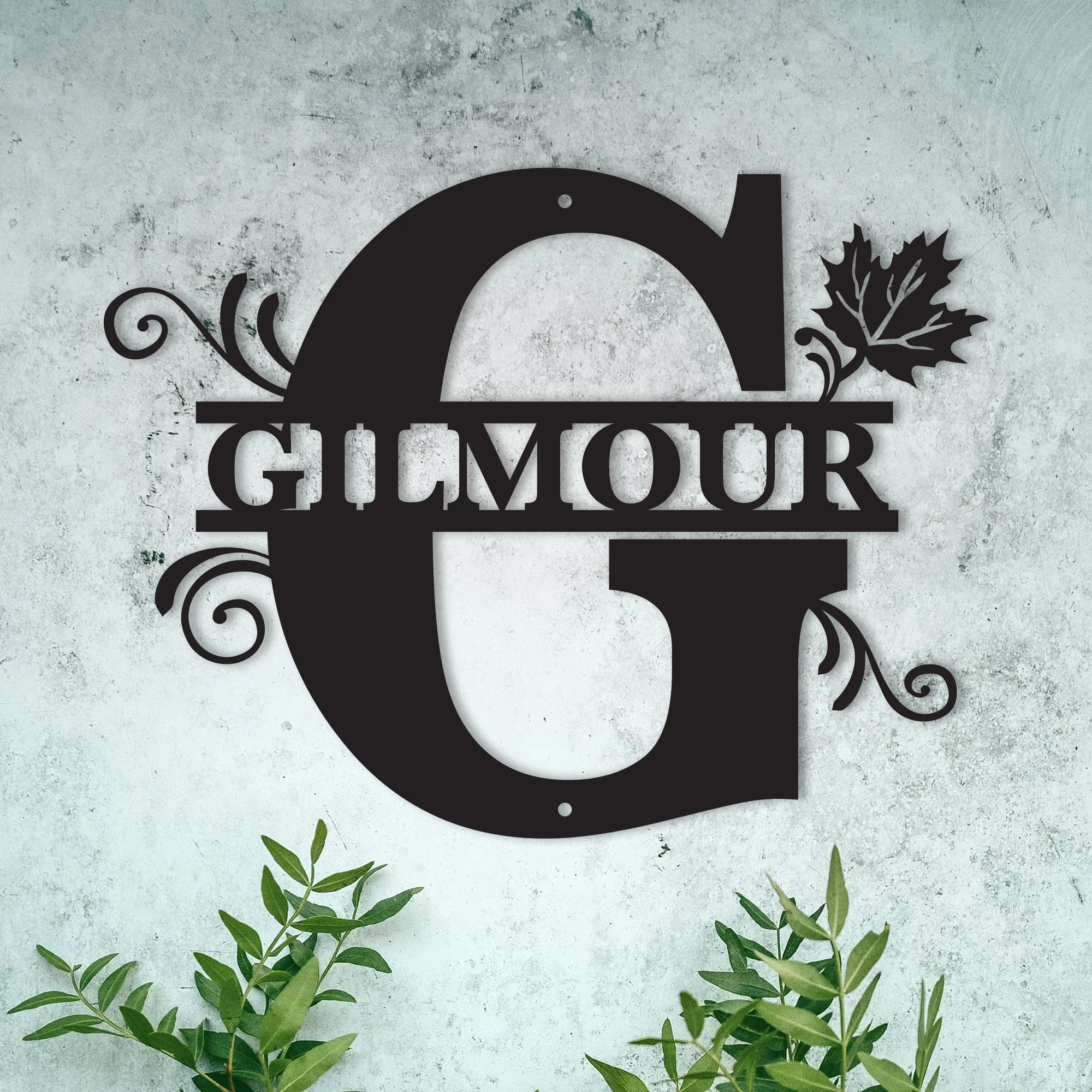 G Personalized Split Letter Monogram with Maple Leaf - Family Name Metal Wall Art