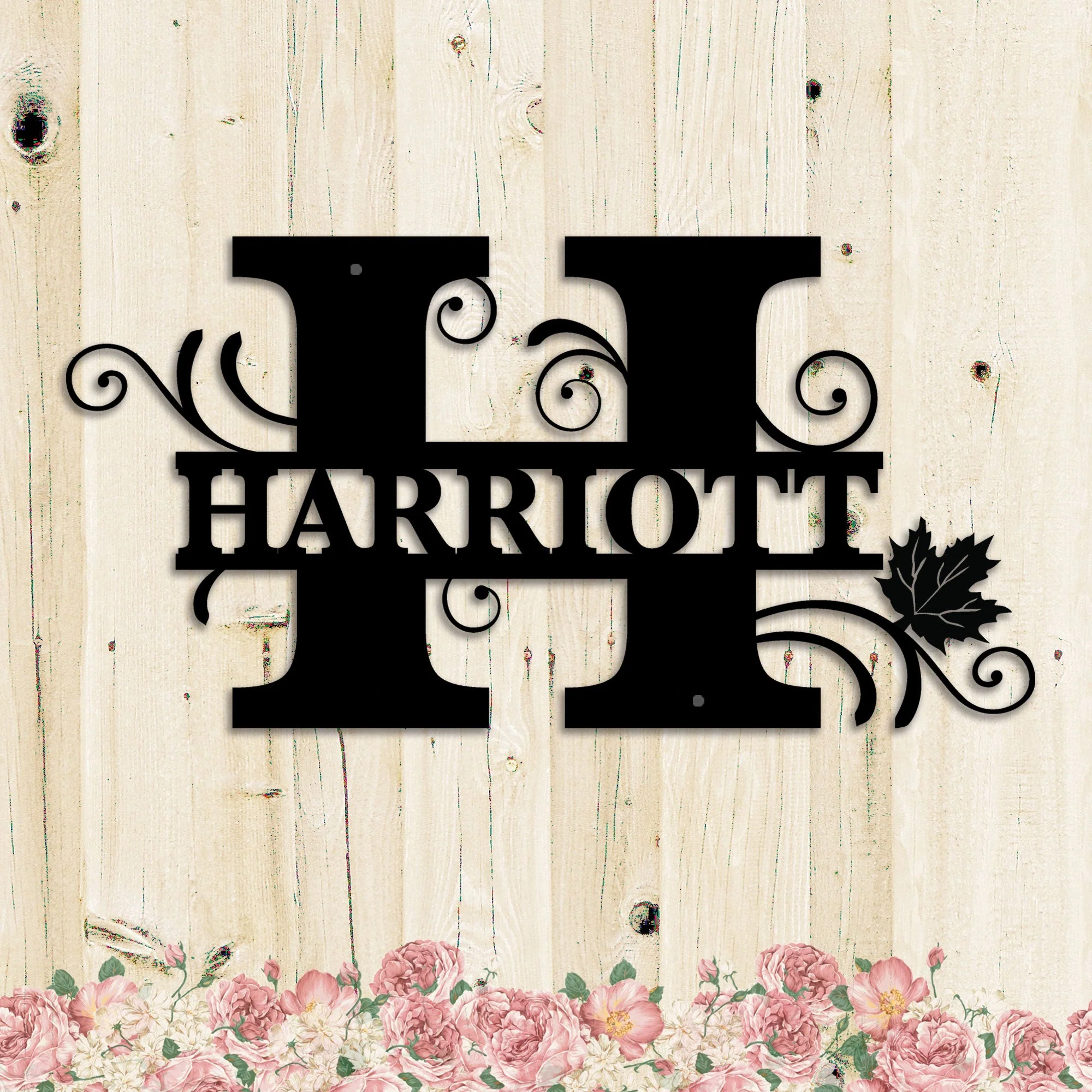 Personalized Split Letter H Monogram with Maple Leaf - Family Name Metal Wall Art - Image 2