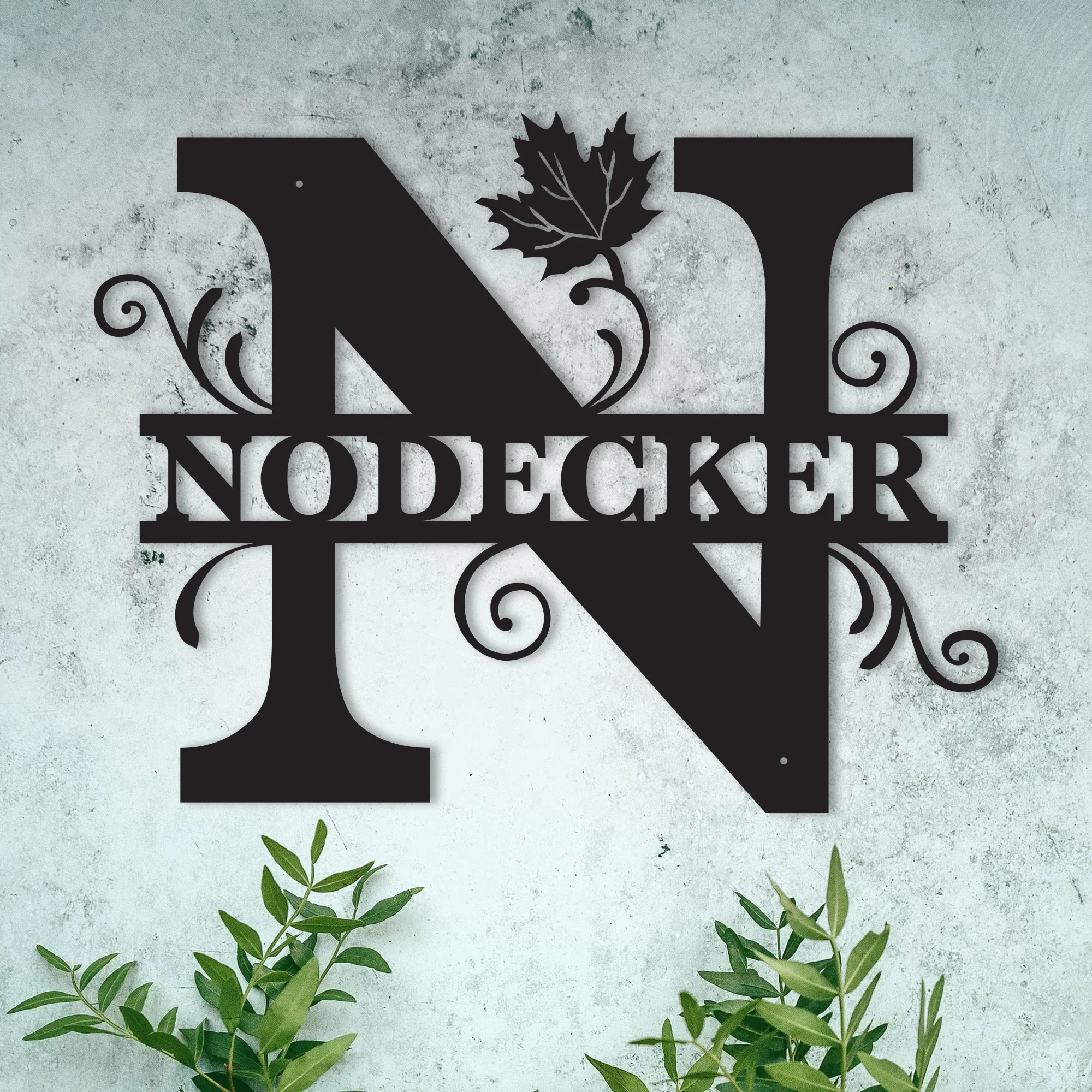 N Alphabet Personalized Split Letter Monogram with Maple Leaf - Family Name Metal Wall Art