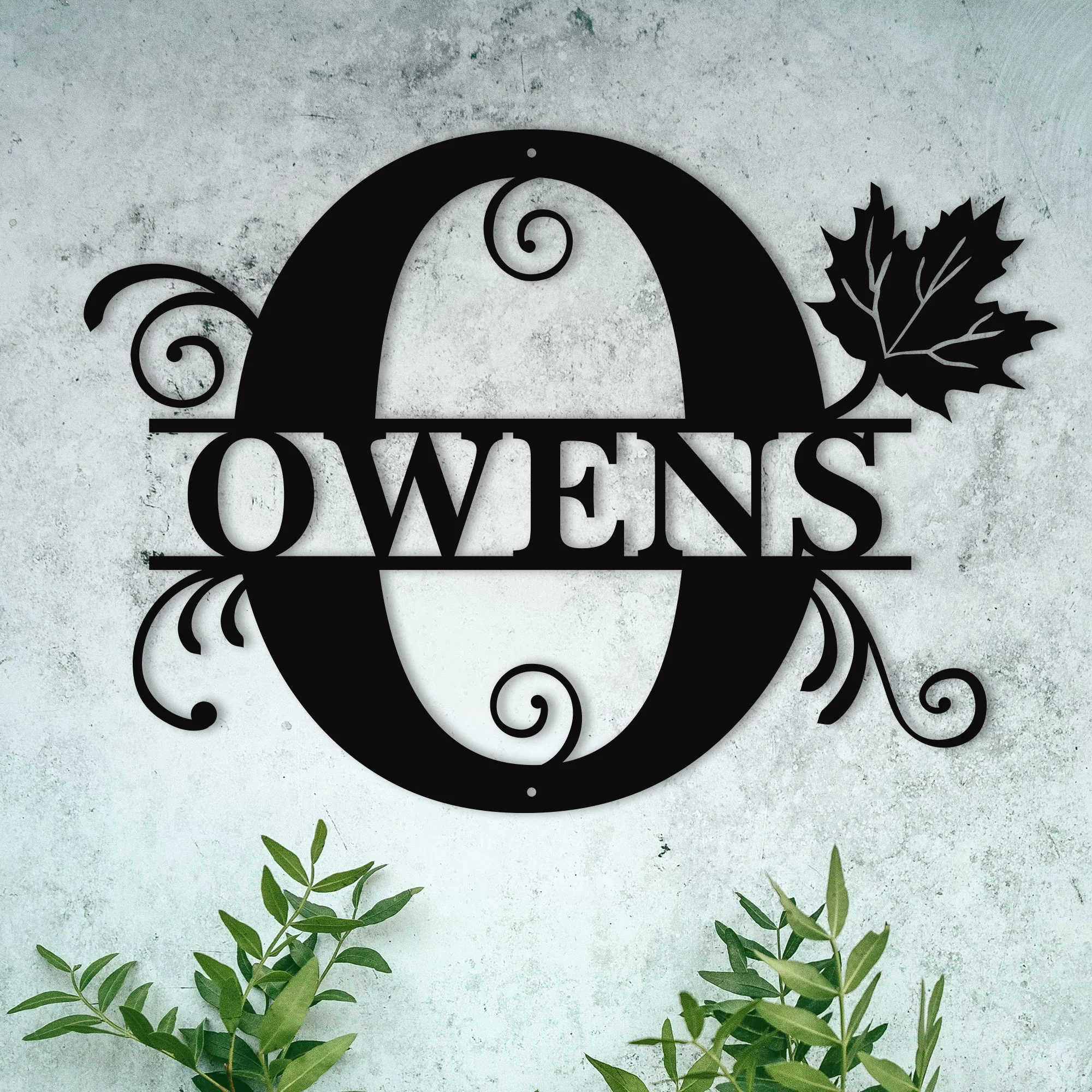 O Alphabet Personalized Split Letter Monogram with Maple Leaf - Family Name Metal Wall Art