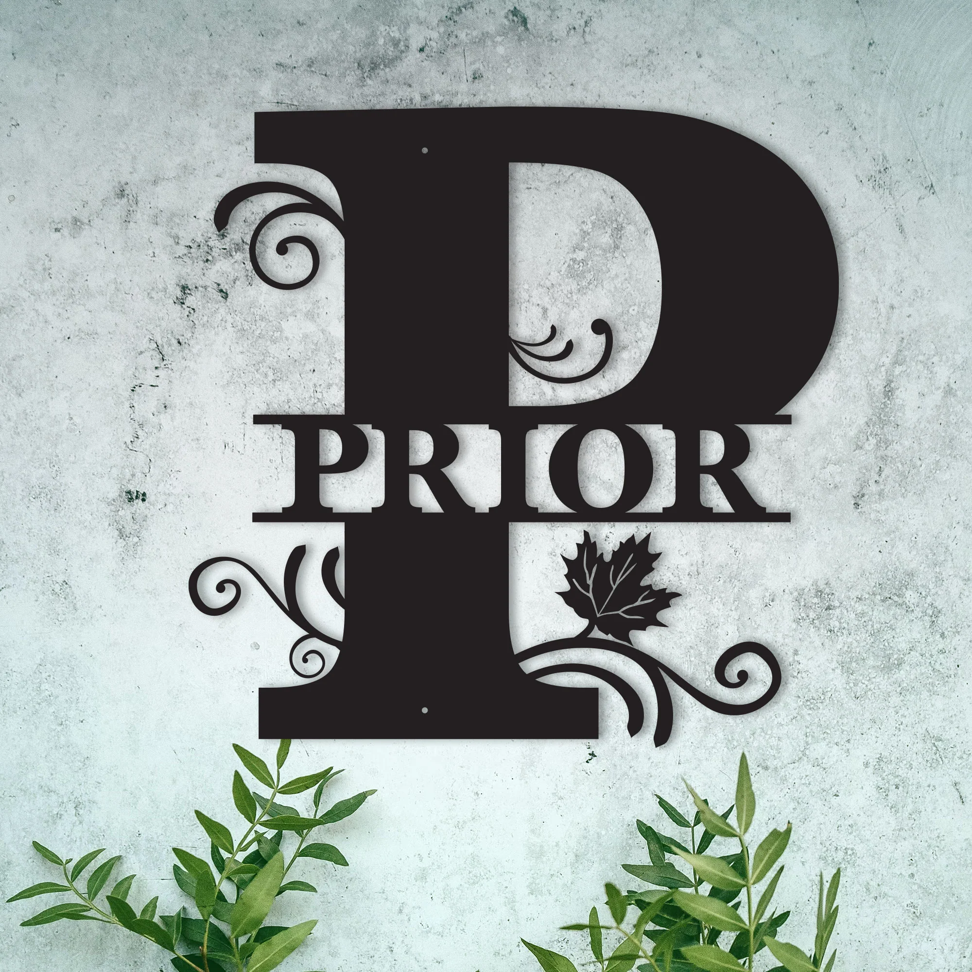 P Alphabet Personalized Split Letter Monogram with Maple Leaf - Family Name Metal Wall Art