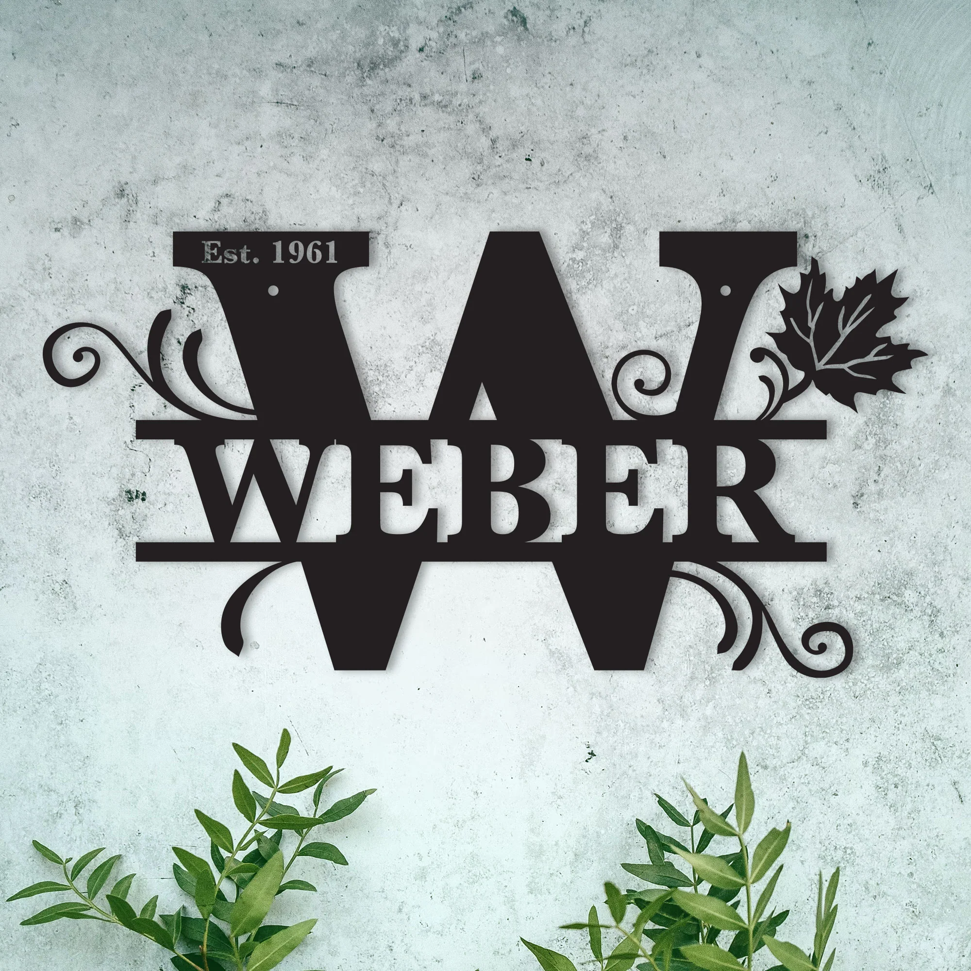 W Alphabet Personalized Split Letter Monogram with Maple Leaf - Family Name Metal Wall Art