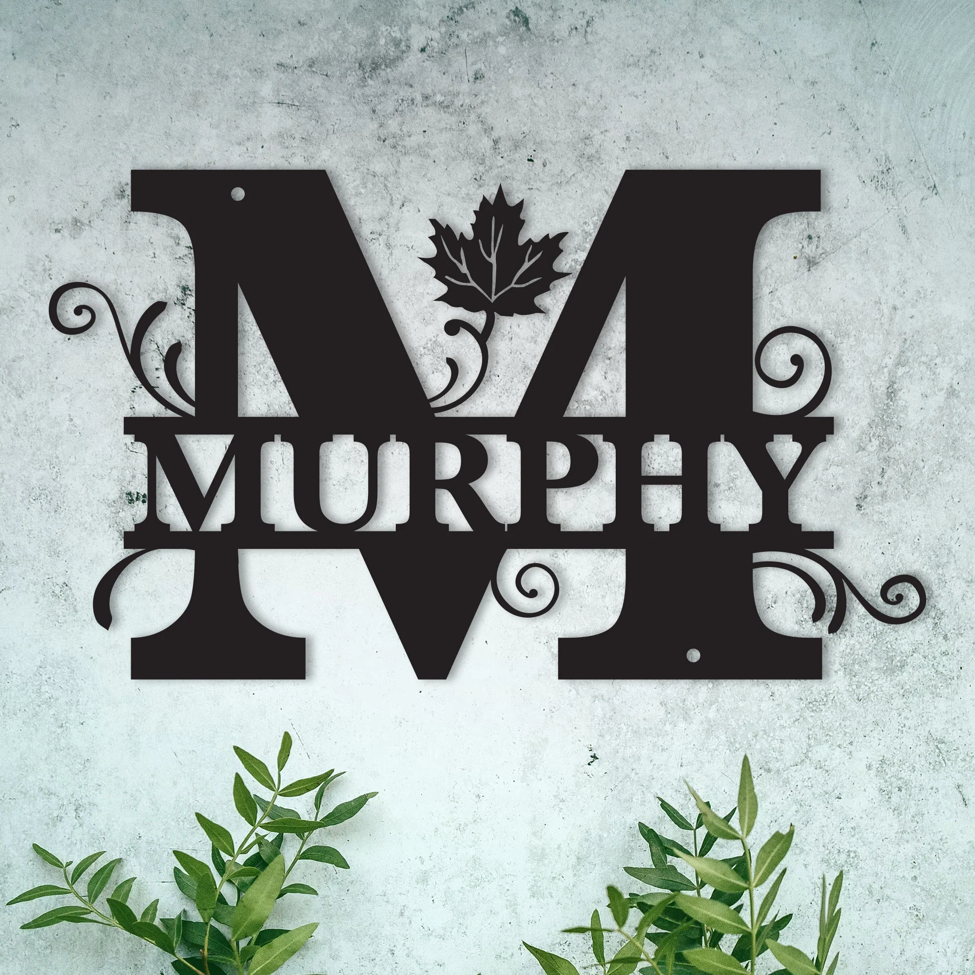 M Alphabet Personalized Split Letter Monogram with Maple Leaf - Family Name Metal Wall Art