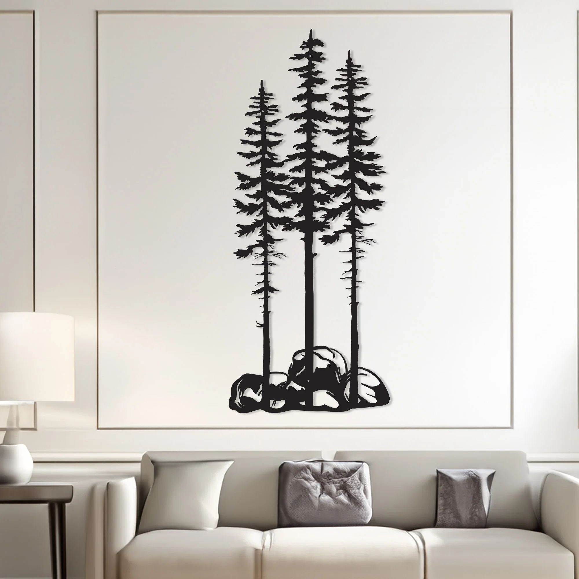 Three Pine Trees Metal Wall Art with Stones